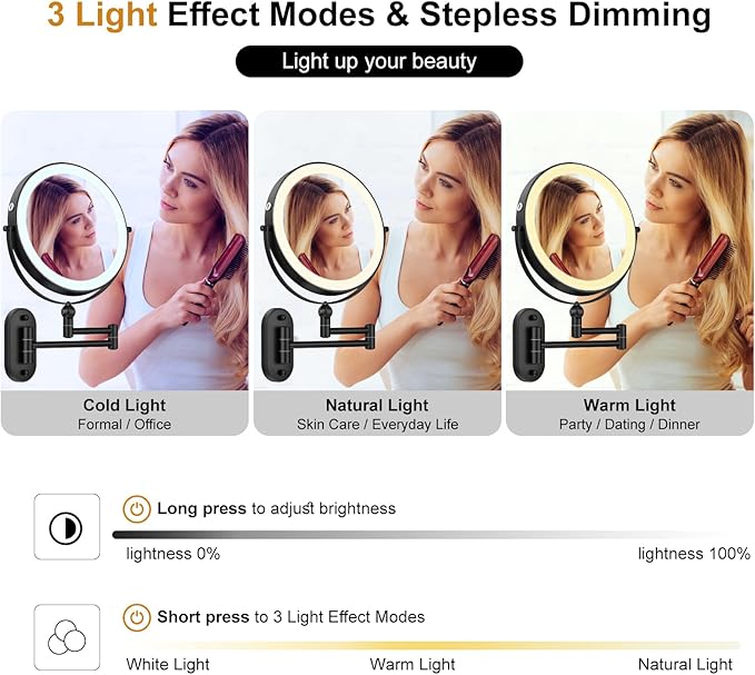 9" Wall Mounted Lighted Makeup Mirror, 4000mAh Rechargeable Double Sided 1X/10X - Image 5