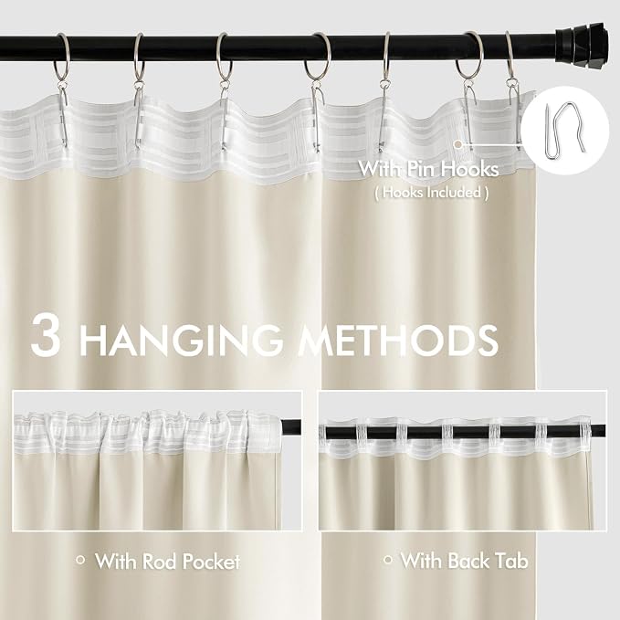 MIULEE Beige White Back Tab Blackout Curtains 90 Inches Long 2 Panels Set - Image 3