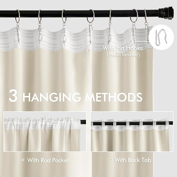 MIULEE Beige White Back Tab Blackout Curtains 72 Inches Long 2 Panels Set - Image 3