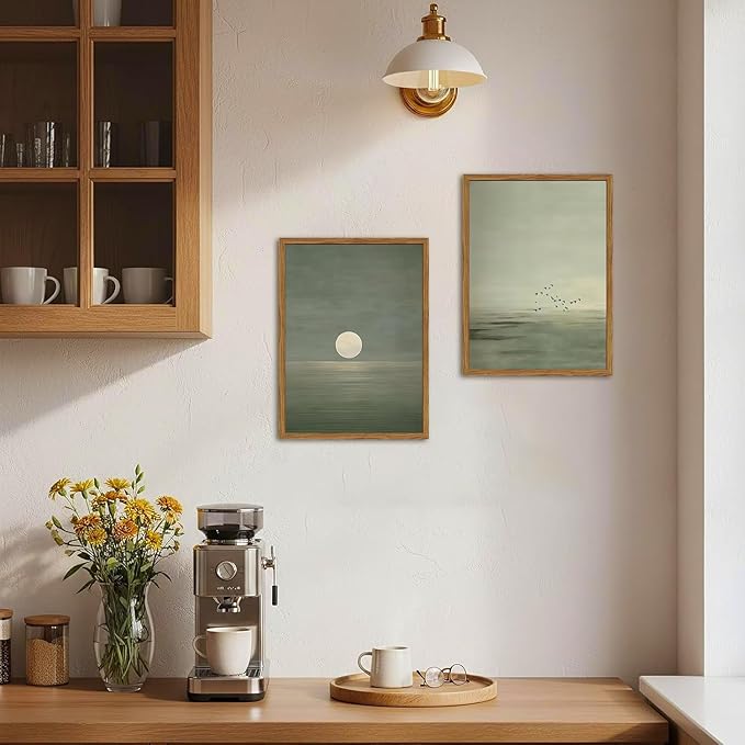 Framed Sage Green Japanese Canvas Wall Art Set of 2, Minimalist Moon and Birds - Image 9