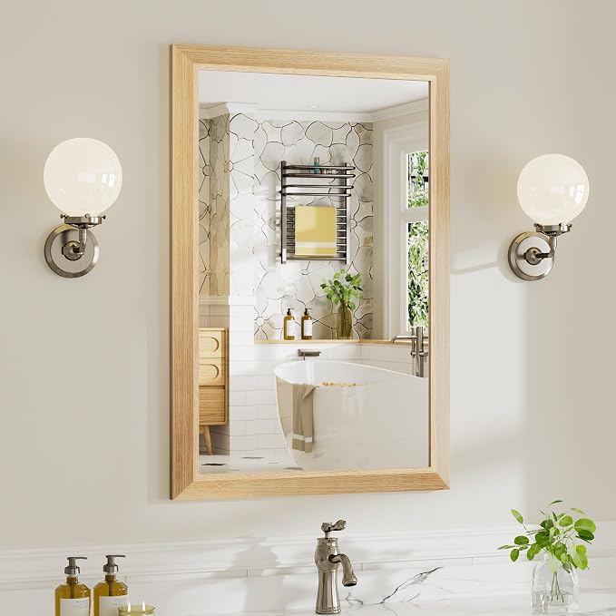 24x36 Inch Bathroom Mirror for Wall, Anti-Rust Oak Wood Grain Metal Framed by Briivuemodernmirrors