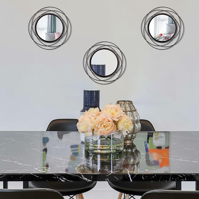 3 Set 13 Inch Black Circle Mirrors Wall Decor Iron Frame Wire Mirror Metal - Image 4