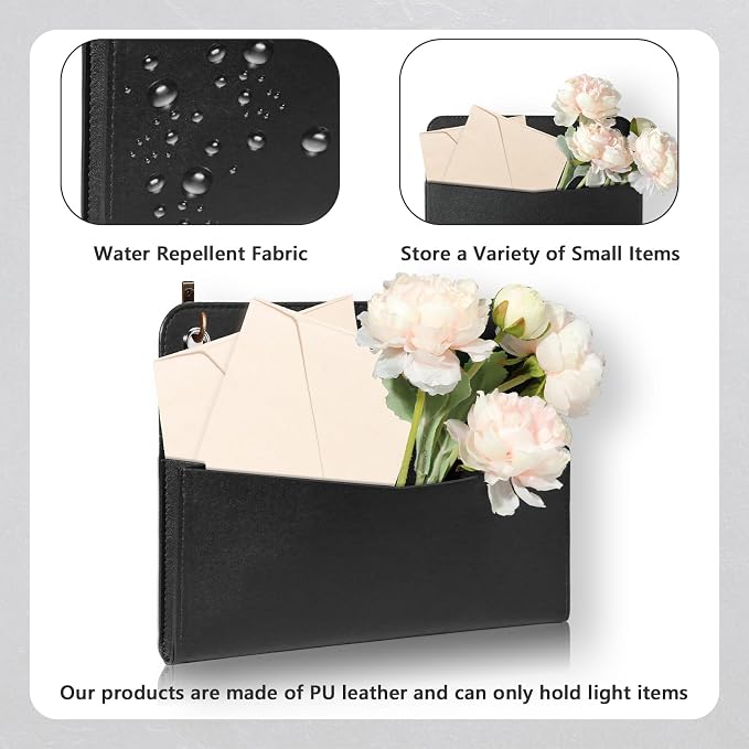 3 PCS Wall Mount PU Leather Mail Holder Black Faux Leather Letter Holder 2 Ring - Image 3