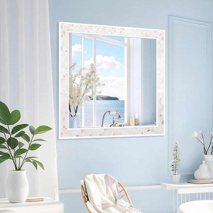Tanmicoshomy 30 x 30 Inch White Rectangle Wall Mirror, Natural Shell Framed - Image 6