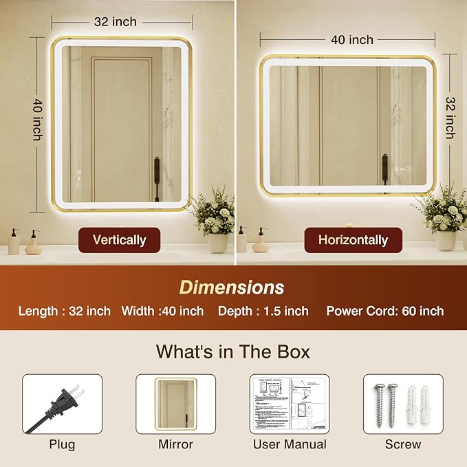 32x40 Inch Gold Framed LED Bathroom Mirror - Image 2