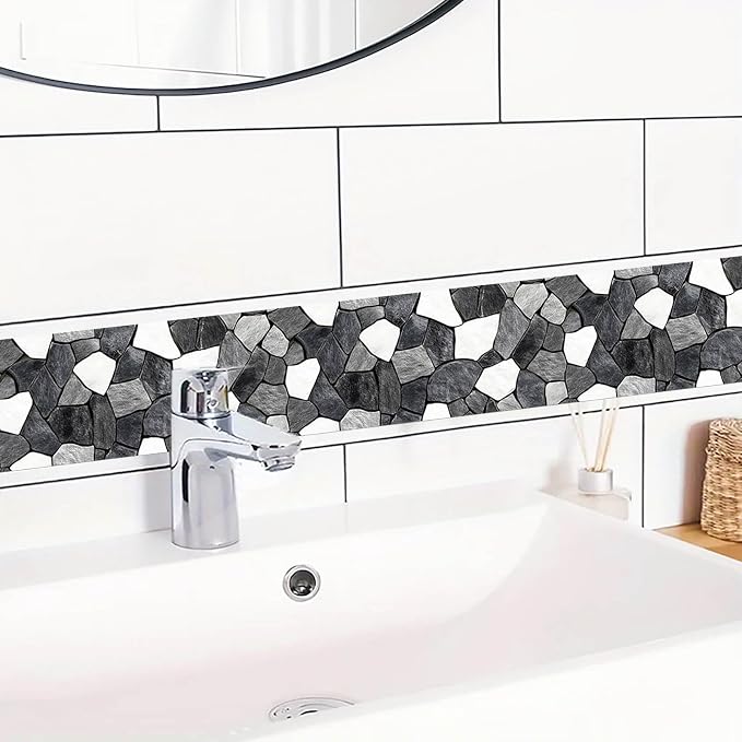 IVN Wallpaper Border Black White Stone Pattern Design 4x196 Inch Peel and Stick - Image 5