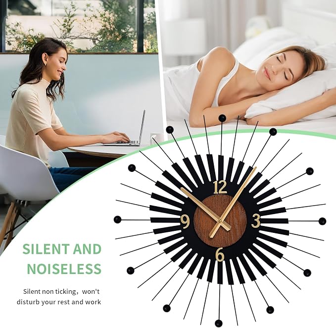 22 Inch Modern Sunburst Wall Clock Battery Operated, Silent Quartz Movement - Image 6
