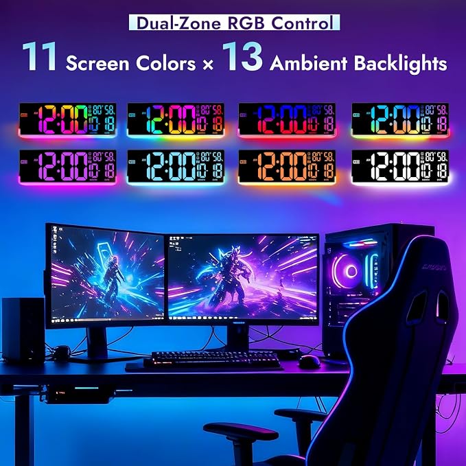 16.5" Large Digital Wall Clock: 11 Screen Colors and 13 U-Shaped RGB Backlight - Image 2