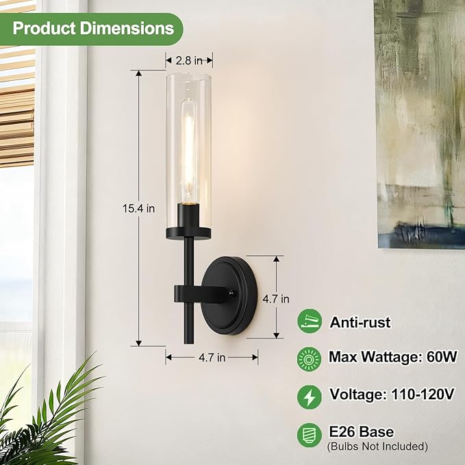 MOKATNG Wall Sconces Set of Two, Matte Black Bathroom Sconces - Image 7