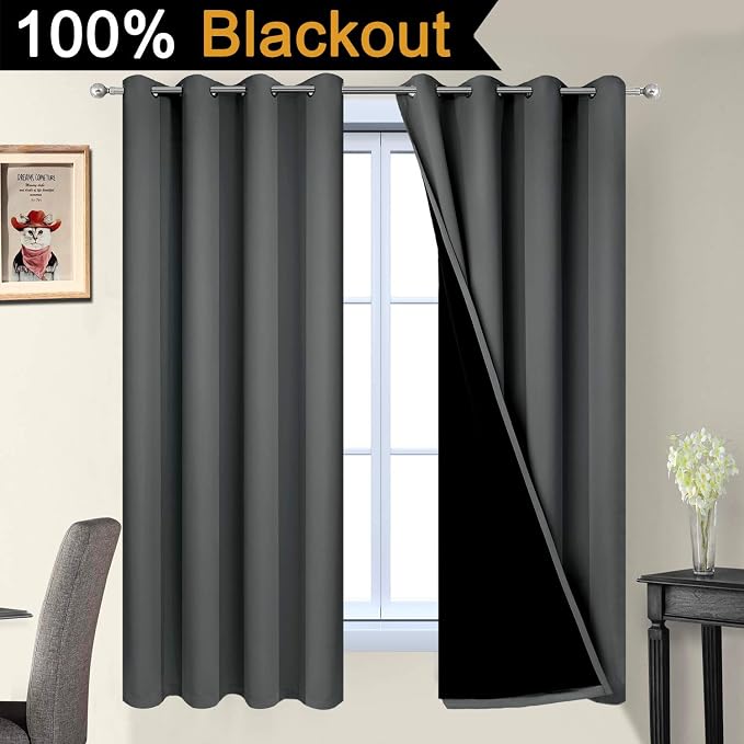 Yakamok 63 Inches Long Dark Gray 100% Blackout Curtains, Noise Reducing Window - Image 2
