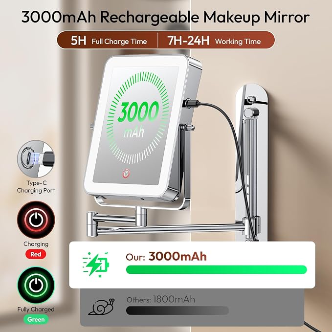 Height Adjustable Wall Mounted Lighted Makeup Mirror - Image 7