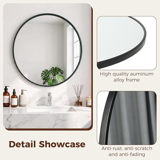 NEWBULIG 24 Inch Round Wall Mirror, Bathroom Mirror - Image 3