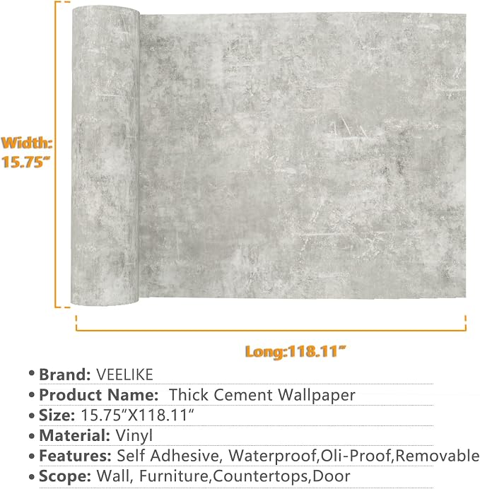 VEELIKE 15.7''x118'' Concrete Wallpaper Peel and Stick Textured Limewash - Image 2