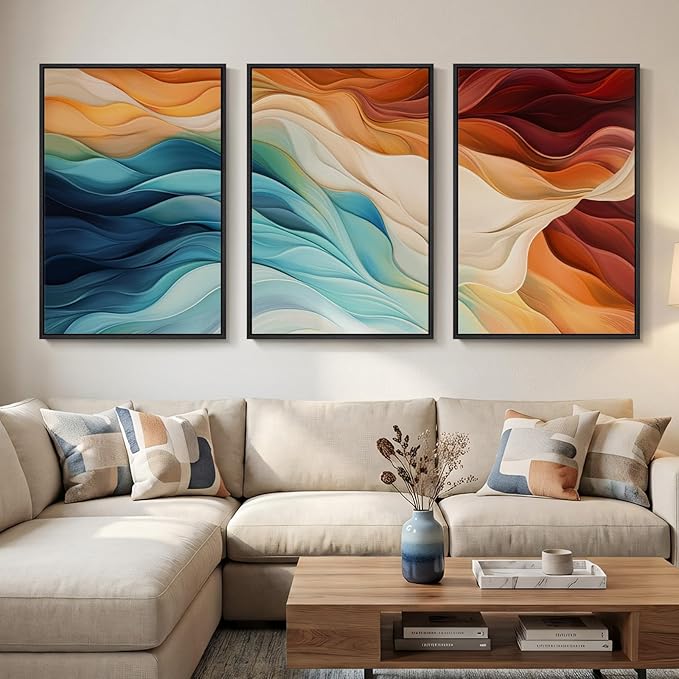 Large Framed Blue Orange Abstract Wall Art by Cuspin