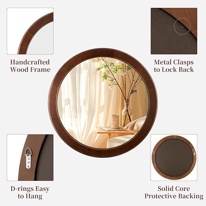 CULER Round Mirrors 30 Inch, Wood Vanity Wall Rustic Mirror - Image 7