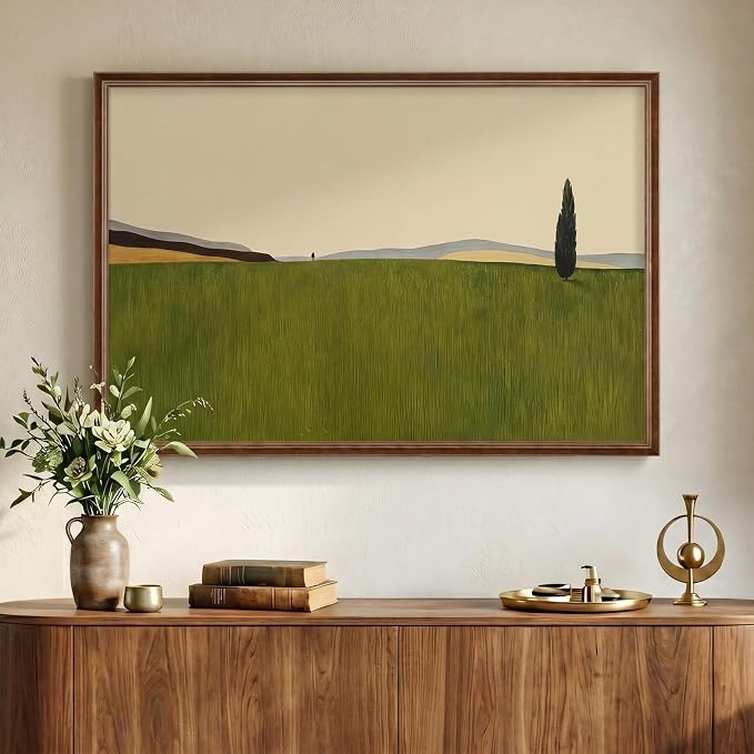Vintage Framed Green Abstract Landscape Wall Art, Modern Sage Green Canvas by Cuspin