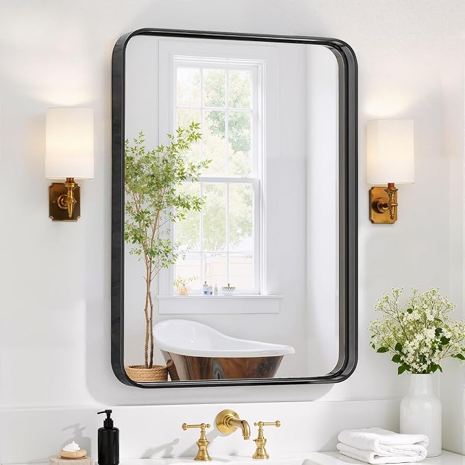 Bathroom Mirror 30x22 Inch Black Metal Frame Rectangle Vanity Mirror by SageNest