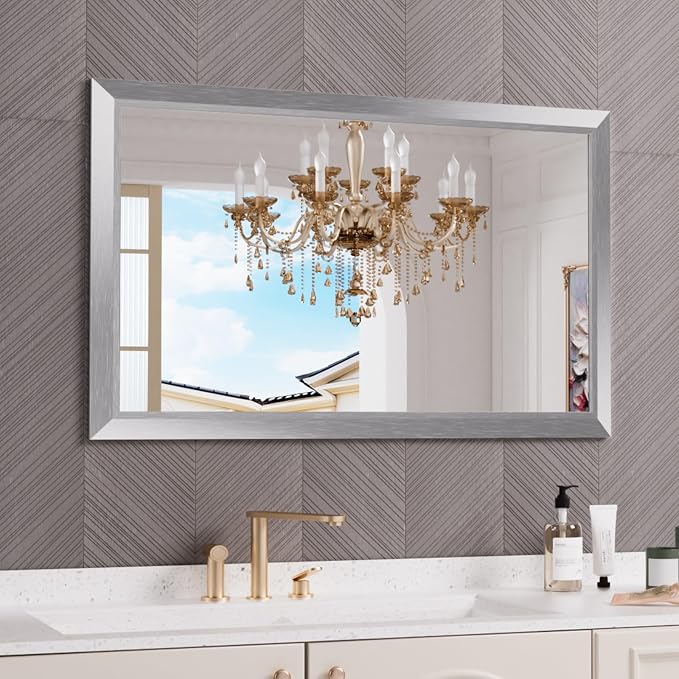 Amorho 48x30 Inch Bathroom Mirror Silver, Thick Metal Framed Wall Mirrors by Amorho