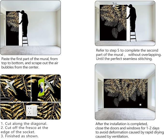 Black and Gold Leaf Mural Bedroom Tropical Botanical Wallpaper Room Plant Decor - Image 6