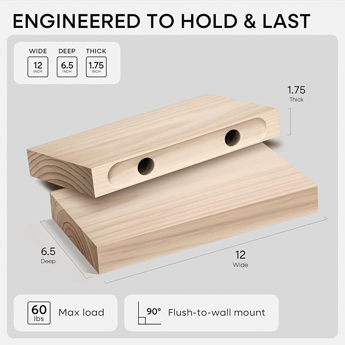Homeforia Wood Floating Shelf 12 inch, High End Solid Natural Wood 12inch - Image 2