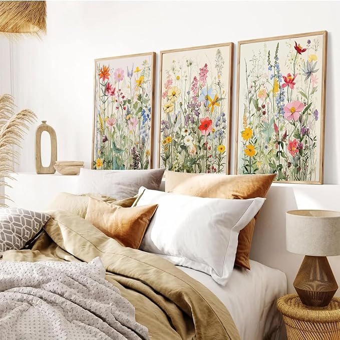 KISSFOX 3 Piece Watercolor Wildflower Botanical Framed Wall Art Colorful Floral - Image 5