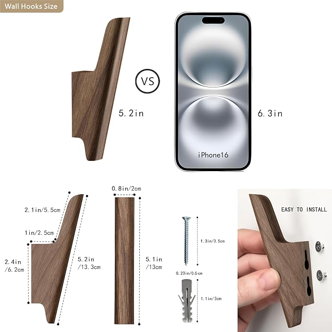 Wood Wall Hooks 4 Pack Coat Hooks Wall Mount Walnut Wooden Hooks - Image 3