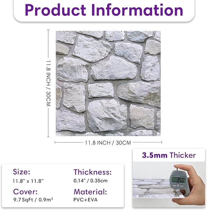 3D Faux Stone Wall Panels Peel and Stick Whitewash, Stone-Look Textured Wall - Image 3