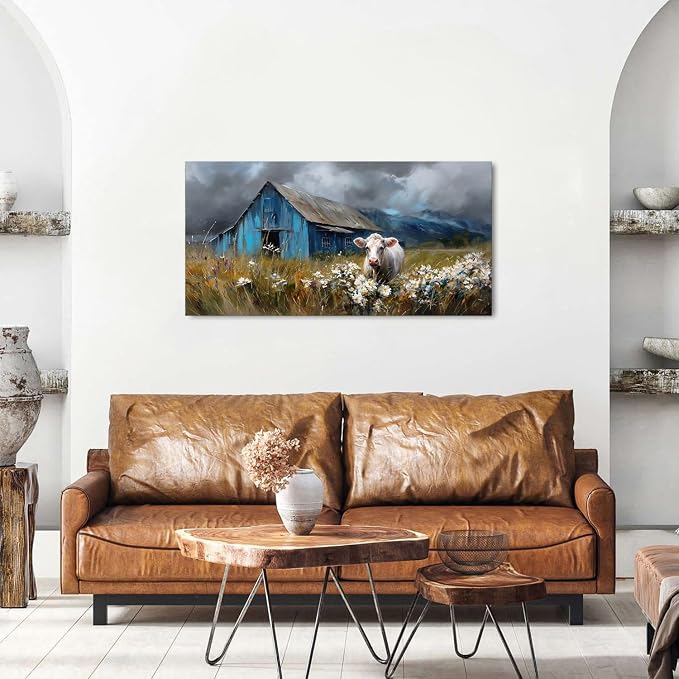 Farmhouse Barn Wall Art Cow Pictures Wall Decor Rustic Blue Barn Landscape - Image 3