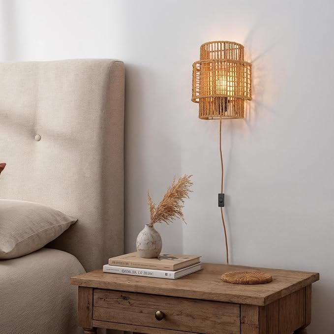 Plug-in Boho Wall Sconces Set of 2, Handwoven Rattan Wall Lights - Image 6