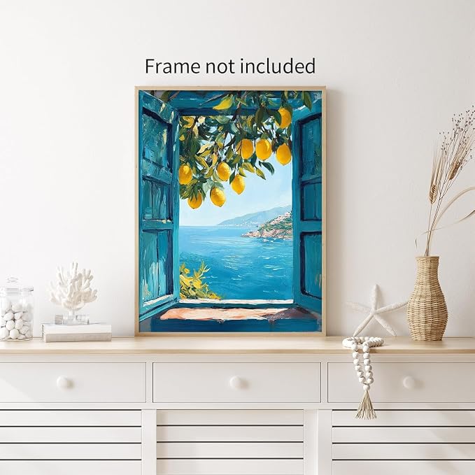 PDFI Mediterranean Window View Wall Art Coastal Lemon Tree Canvas Prints Blue - Image 4