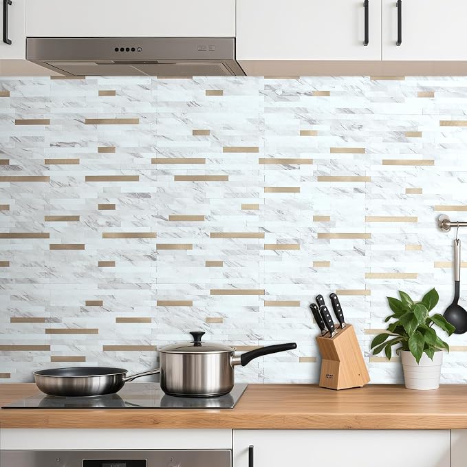 AULIGET 2 Sheets Faux Stone White Marble Peel and Stick Backsplash, PVC Mixed - Image 6