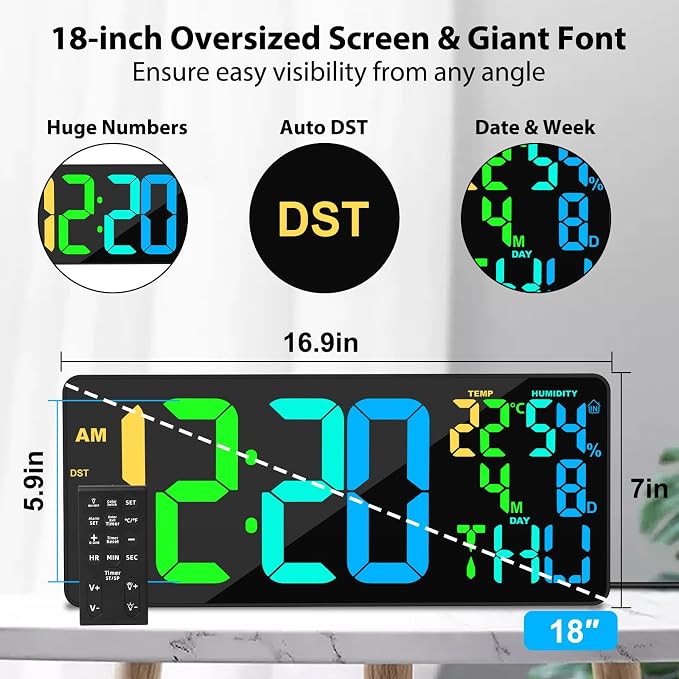 18" Digital Wall Clock Large Display, 11 RGB Color Changing Large Digital Wall - Image 5