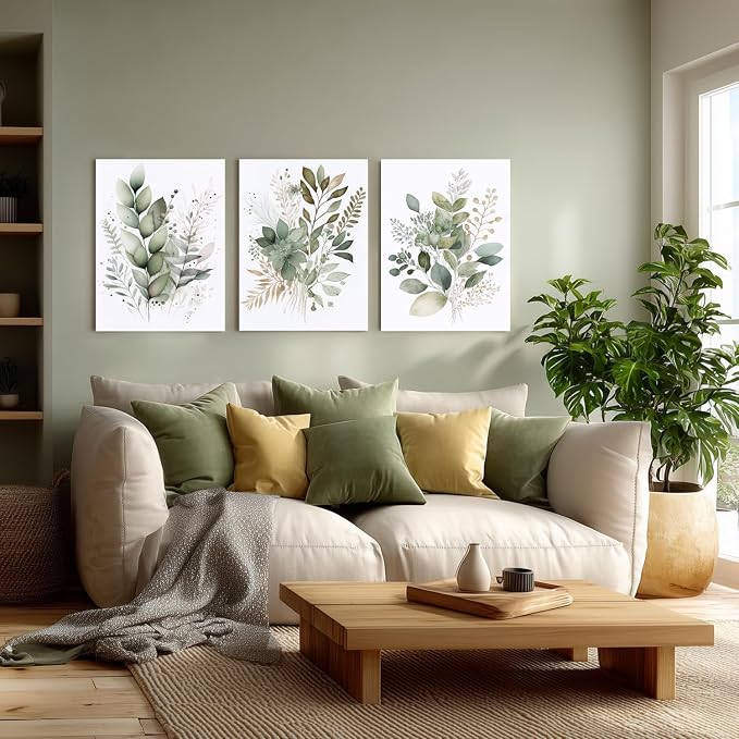 LLEEMPI Framed Sage Green Wall Art Set of 3, Modern Watercolor Botanical Wall - Image 5