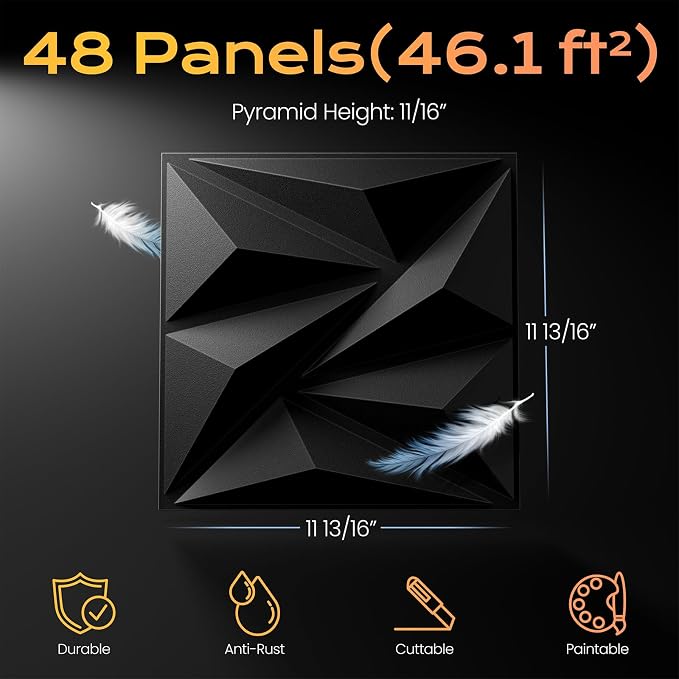 Sonicism Wall Panels Upgrade 48 Pack, 0.7”x11.8”x11.8”Pyramid 3D Wall Panels - Image 5