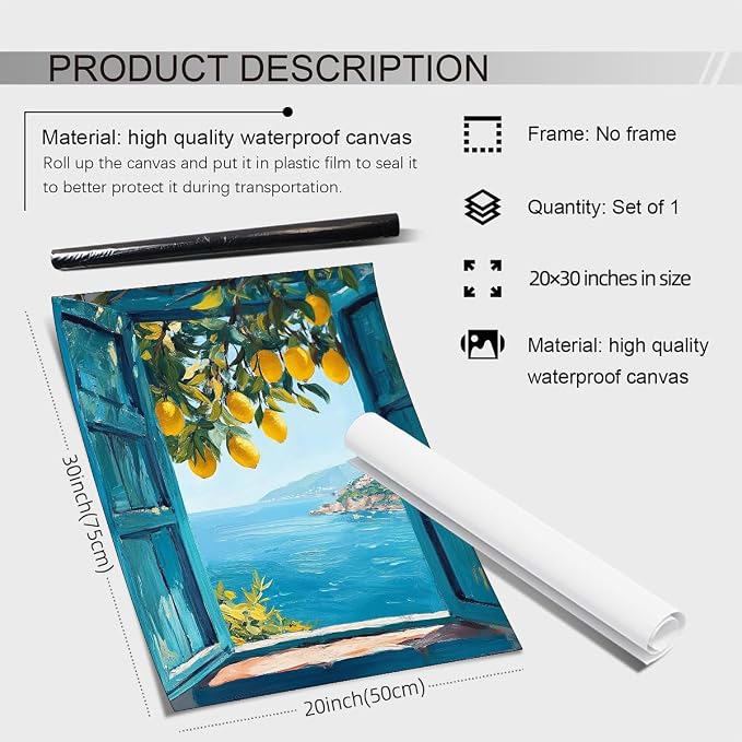 PDFI Mediterranean Window View Wall Art Coastal Lemon Tree Canvas Prints Blue - Image 2