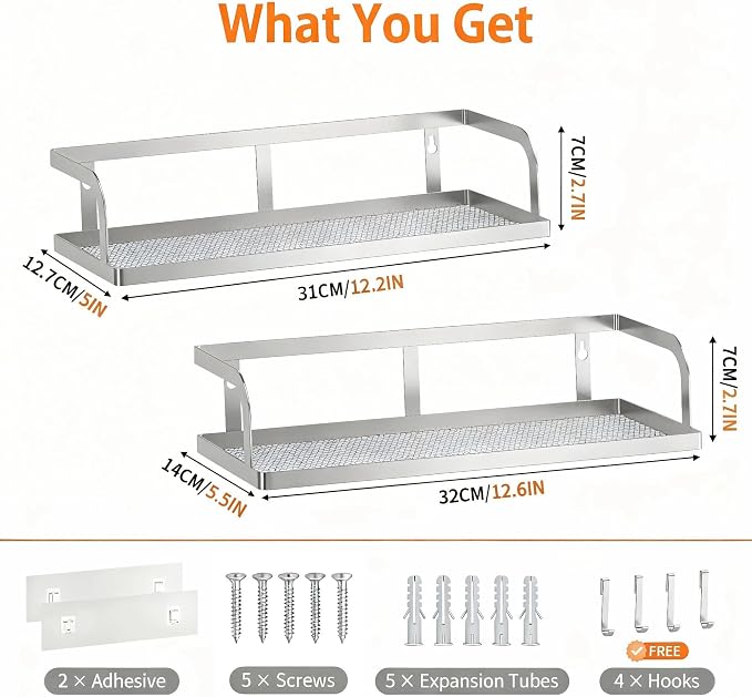 PUSDON 2-Pack Wide Hollowout Shower Caddy & Spice Rack, Wall Mount Bathroom - Image 3