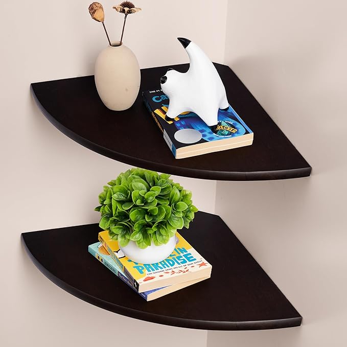Gieanoo Floating Corner Shelves Set 2 16inch Walnut Solid Oak Rounded Corner by GIEANOO
