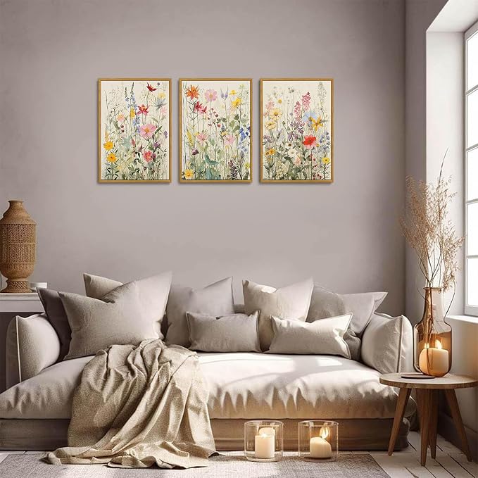 KISSFOX 3 Piece Watercolor Wildflower Botanical Framed Wall Art Colorful Floral - Image 2