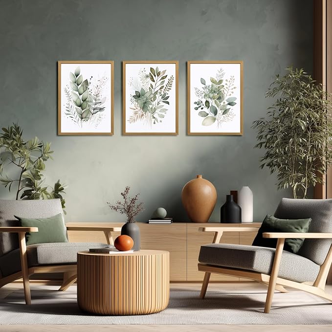 LLEEMPI Sage Green Wall Art Set of 3, Modern Watercolor Botanical Wall Decor - Image 2