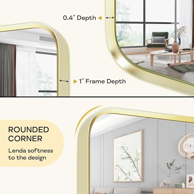 Wall Mount Mirror for Bathroom, Brushed Gold Metal Framed Rounded Corner - Image 2