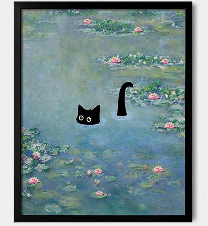 Hamduker Funny Black Cat Wall Art, Monet Art Water Lily Cat Wall Art Decor by Unknown
