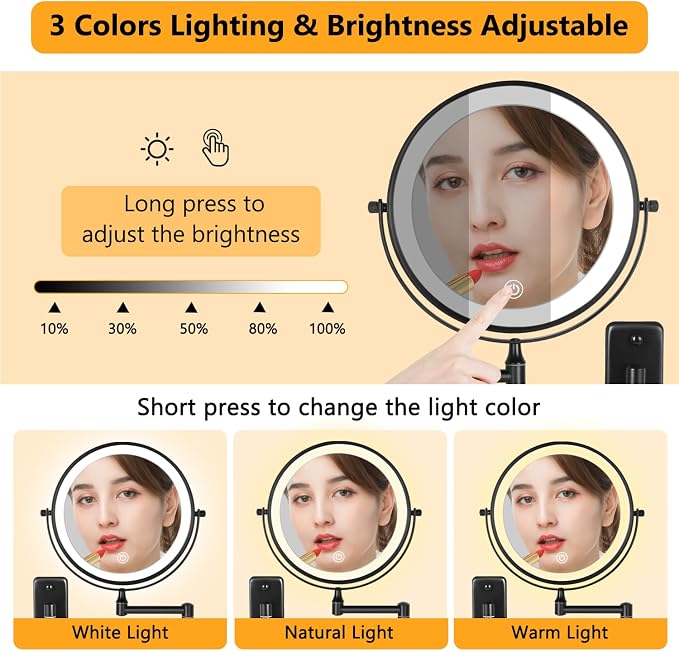 DECLUTTR Wall Mounted Lighted Makeup Mirror, 3 Color Lights, Touch Dimmable - Image 3