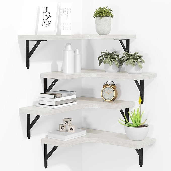 ROMGUAR CRAFT Corner Floating Shelves Wall Mounted Set of 4, Rustic Wood by ROMGUAR+CRAFT