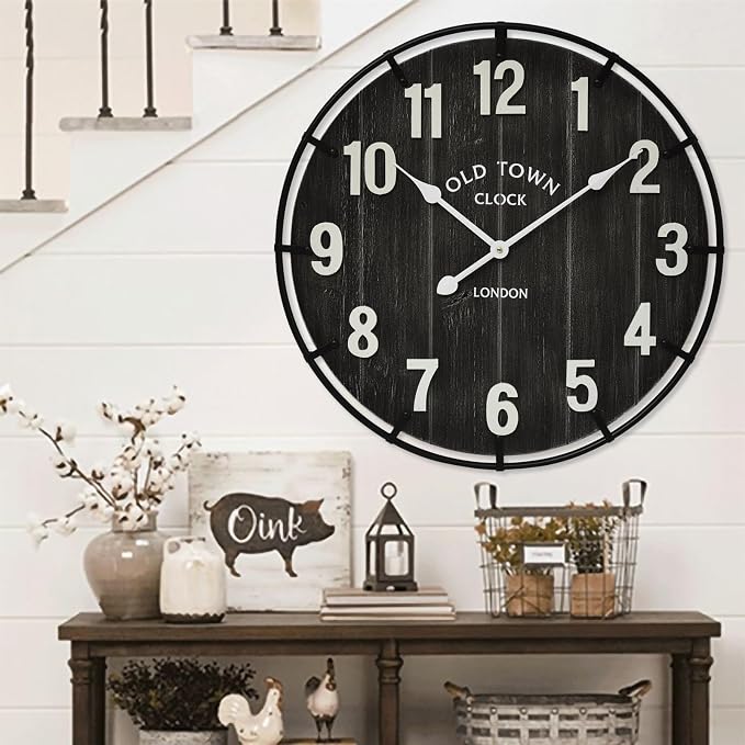 EMAX HOME Large Old Town Farmhouse Black Wall Clock 24 Inch Rustic Antique Wood - Image 2