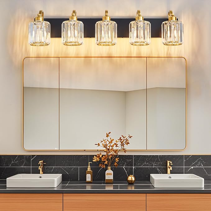 Black Gold Crystal Vanity Light Over Mirror 5 Lights Bathroom Wall Lighting - Image 2