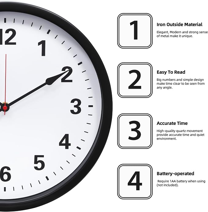 LEIKE Metal Wall Clock 14IN Black, Retro Silent Quartz Battery Operated - Image 2