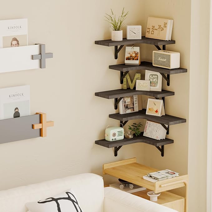 Fixwal Floating Shelves for Wall Set of 5, Rustic Wood Wall Mounted Corner - Image 5