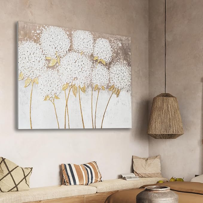 JolyWell Large hand painted wall art White Hydrangea Canvas Wall decor - Image 3