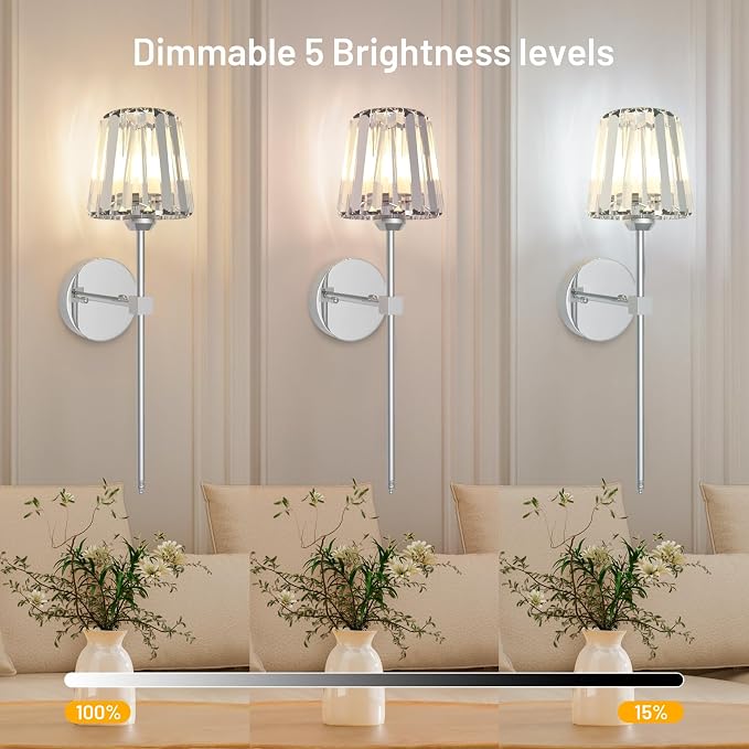 Crystal Battery Operated Wall Sconces Set of 2, Chrome Rechargeable Wireless - Image 6