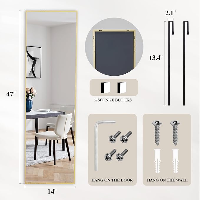 DUMOS 47x14 Full Length Mirror Over the Door, Wall Mounted Full Body Mirror - Image 2